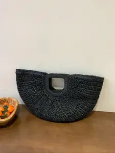1PC Boho Straw Moon Bag, Beach Vacation Casual Handbag, Street Fashion Party Clutch, Women's Handmade Woven Purse, Crochet Handbag