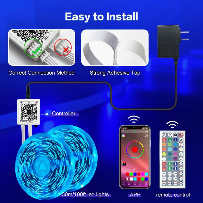 WEDEESUN LED Light Strip 100FT Smart APP Control & Remote Music Sync Mic Mode Dimmable Timing RGB Lights for Bedroom Living Room Decoration
