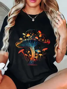 100% Cotton Unisex Mushroom Cute Cottagecore Mushroom Aesthetic hippie Round Neck Short Sleeve T-Shirt Women's Men Graphic Tee