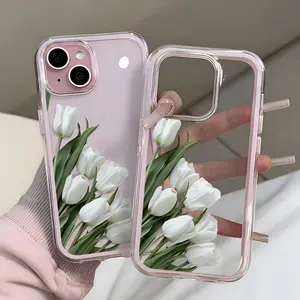 Tulip flowers, pink and white flower design, high-value business drop-resistant protective case, suitable for iPhone 16/15/14/13/12, creative, fashionable and simple, suitable for both men and women, a gift for friends and family.