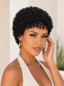 8inch Human Hair Afro Curly Wig, Short Pixie Cut, 180% Density, Glueless, Natural, Curly Hair Wig for Women, Curly Glueless Wigs