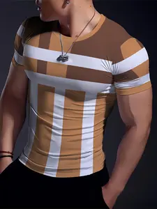 Men's Geometric Print High Elasticity Short Sleeve Round Neck T-Shirt, Summer Fitness Quick-Dry Sportswear, Casual Fitted Style, Gym Tees