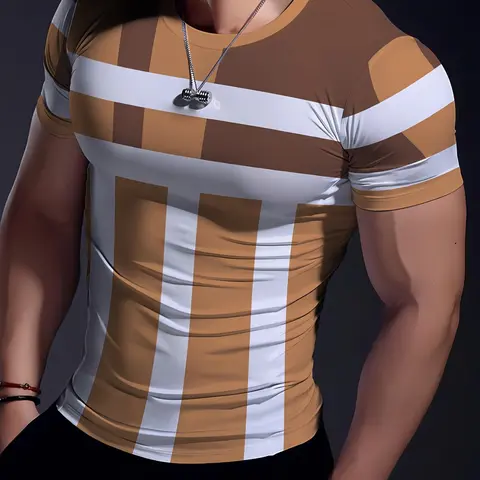 Men's Geometric Patchwork High Stretch Short Sleeve Round Neck T-Shirt, Summer Fitness Quick-Dry Casual Fitted Sports Tops, Casual Sport Tee