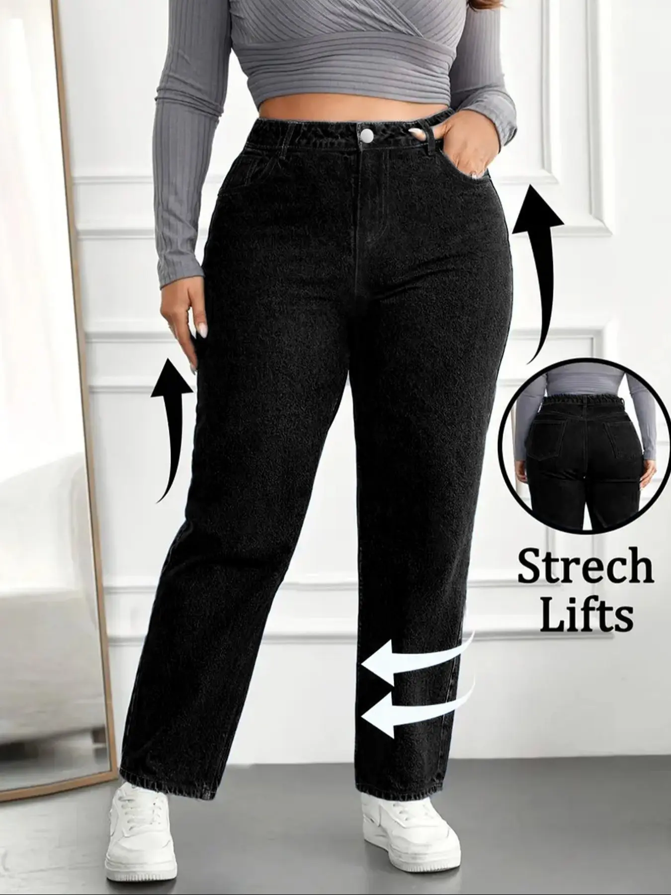Plus Size Women's Washed Casual Fashion Basic Straight Leg High Waist Denim Jeans, High Waisted Denim Pants, Stretchy Elastic Fabric, for Dates, All Seasons Wear, Slim-Fitting, Bottom