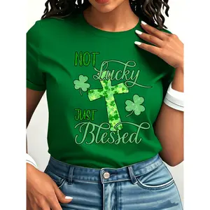 St.Patrick'S Day Clover Pattern T-Shirt for Women | Casual Crew Neck Short Sleeve, Spring/Summer Fashion