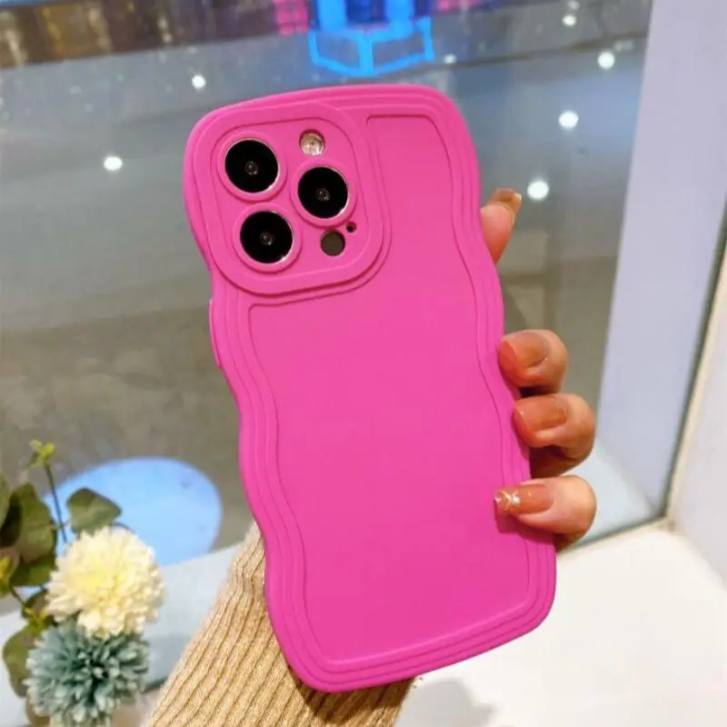 Plain Wavy Solid Color Phone Case for Summer, 1 Count Fashion Chic Design Anti-drop Phone Case with Camera Lens Protector, Women Fashion Phone Protect