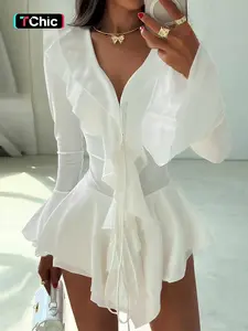 Women's V Neck Slim Fit Dress, Sexy Belted Ruffle Flounce Long Sleeve Dresses, Casual Chic Fashion Lady Clothing for Spring & Fall