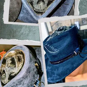 Navy Blue Skull Crown Rancher Style Hat with Custom Details for Men and Women