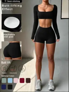 Women's Sportswear Yoga Set, Summer Activewear, Long-Sleeve Tee & High-Waisted Tight Shorts, Elastic Breathable Fabric, Gym Running Cycling Casual Wear