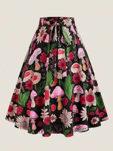 Plus Size Fashion Vacation Elastic Waist Belted Floral Print Skirt, Stylish Half Skirt for Women, Perfect for Casual