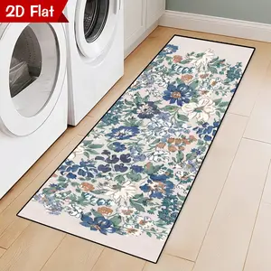 Floral Kitchen Runner Rug - Non-Slip Flannel Laundry Room Mat, Washable Soft Hallway Runner, Blue & Cream Farmhouse Decorative Area Rug