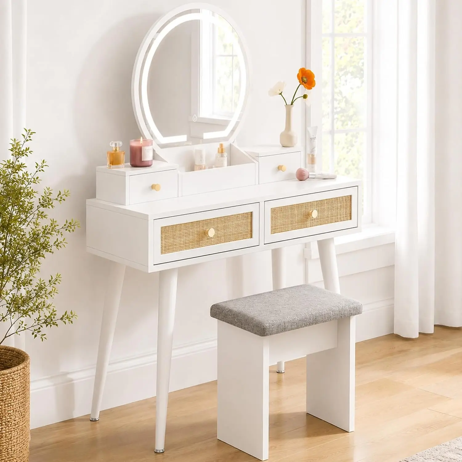 Yechen 31" Boho Makeup Table, LED Mirror, Modern Compact Vanity Desk, (White, Mint)