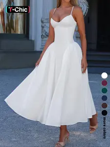 Pure Color Elegant Sleeveless Long Lady Summer Dress, Waist Cinched Design, Fitted Style, Plain Pattern, Perfect for Various Occasions, Formal
