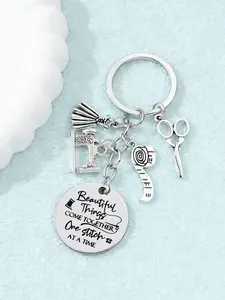 Cartoon Simple Sewing Machine Scissors Ruler Keychain, Silver Color Alloy Fashion Accessory, Unique Clothing Trendy Hanging Decor Gift