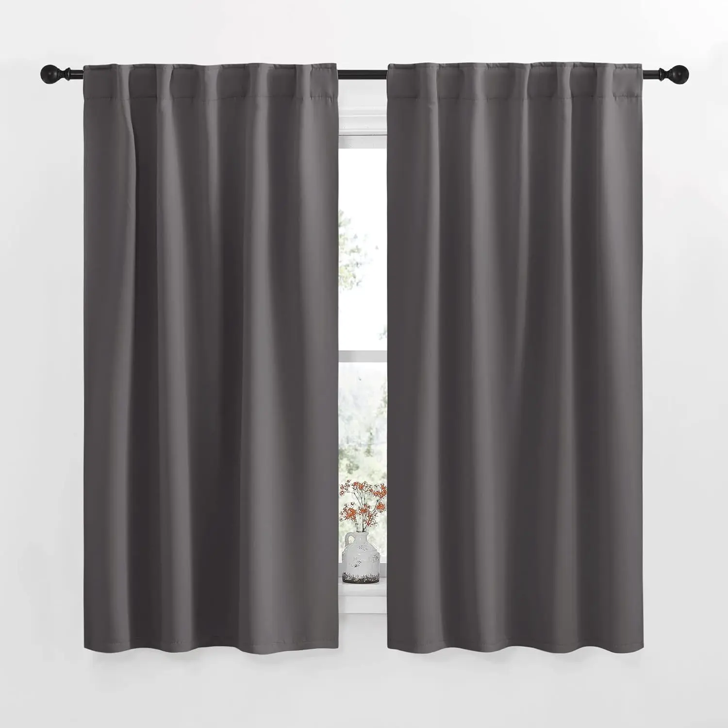 NICETOWN Polyester Triple Weave Pleated Blackout Curtain Panels, 2 Panels Set (Grey, 42x63 in) - Thermal Insul. Room Darkening Drapes with Rod Pocket & Back Tab for Living Room Windows, Pleated Curtains, Two Panels