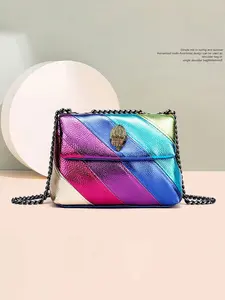 New Women's Chain Strap Small Square Bag, Colorful Patchwork Shoulder Crossbody Bag, Fashion PU Soft Leather Handbag, Chic Chain Crossbody, Chain Crossbody Bags