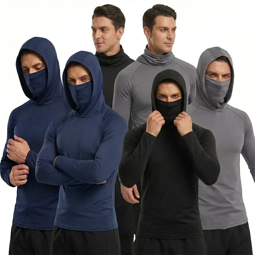 Men's 6-Pack Quick Dry Long Sleeve Athletic Compression Shirts with Built-in Face Mask, Breathable Moisture Wicking Sportswear Gym Workout Tops, Outdoor Running & Cycling Thermal Activewear Base Layer for Spring & Autumn