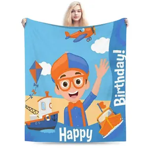 Super Warm BlanketChildren Picnic Cartoon B-Blippiing Throw Blanket Birthday Flannel Bedspread for Bedroom Fluffy Sofa Bed Cover