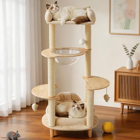 ZZWHOM Minimalist 4-Tier Solid Wood Cat Tree - No Drill, Heavy Duty 45.7in Multi-Post Kitten Condo, Reinforced Base, Cozy Bed, Capsule, Extra Wide Perch, Chew Resistant, Waterproof, Stain Resistant, Hand Wash Only for Multi-Cats (Adds Style to Spaces)