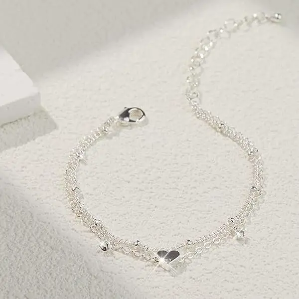 Sterling Silver Anklet Bracelets for Women Waterproof, 925 Sliver Plated CZ & Heart Charm Dainty Layer Anklets for Women Trendy, Simple Chain Anklets Set Gifts, Jewelry Gifts for Her  Mom Wife Girlfriend