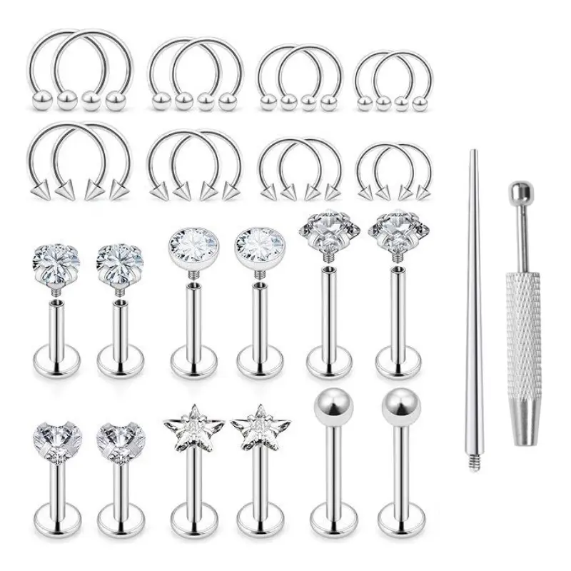 28-Piece 16G Stainless Steel Body Jewelry Set Pack, With Grasping Tools & Straight Needle External Thread Tools, For Men & Women’s Daily Wear & Party Look Fashionable Accessories