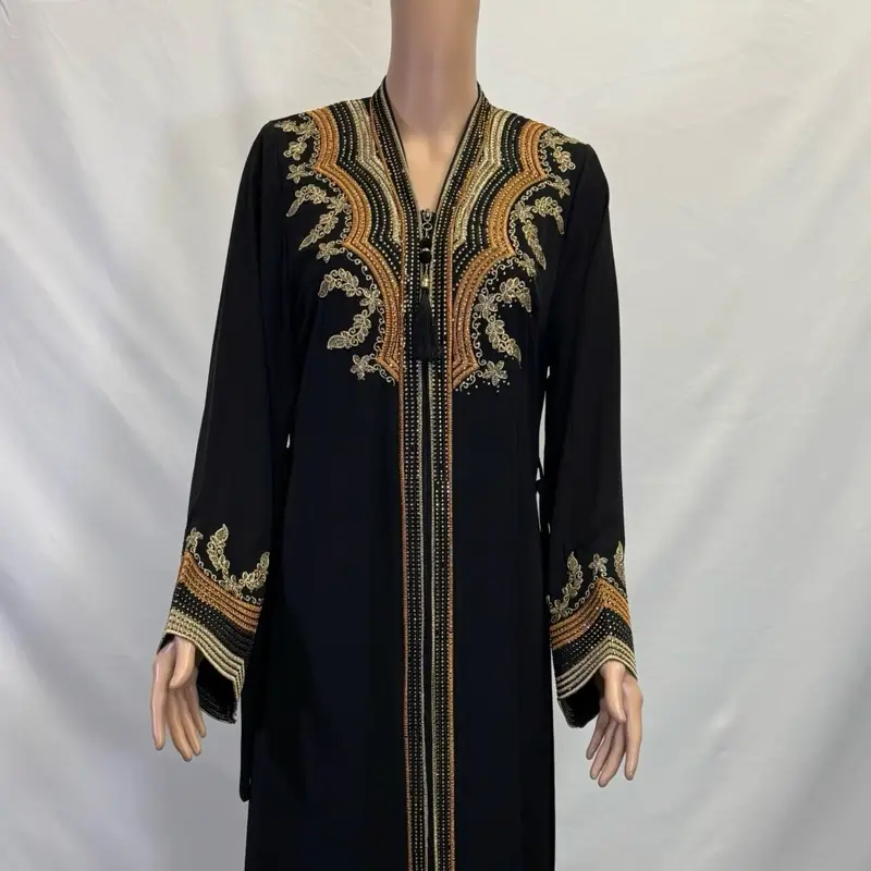 Black Embroidered Abaya with Rhinestone Design and Belt - Elegant Long Sleeve Dress with Decorative Patterns