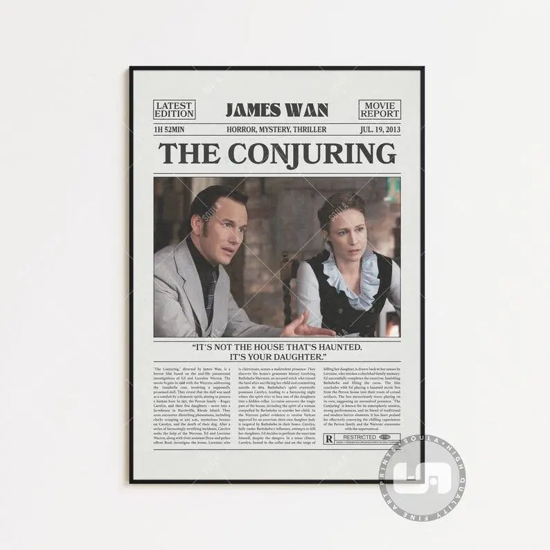 The Conjuring Poster, James Wan, Movie Poster, Retro Newspaper, Black White Wall Art, Vintage Retro Art Print, Custom Movie Poster