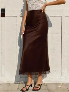 Elegant Women's Lace Satin Midi Skirt, High Waist Elastic A-Line Dress, European and American Style, Flattering Bodycon Long Skirt