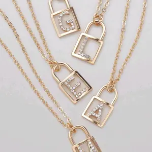 Padlock Initial Necklace with Gold Chain, Square Pendant Design, Featuring CZ Diamonds Accents, 16½" Length with 3½" Extender
