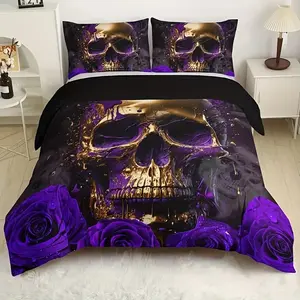 Skull Print Decorative Bedding Set, 3 Piece Includes Duvet Cover and Pillowcases, High Definition Digital Print, Home and Dorm Use