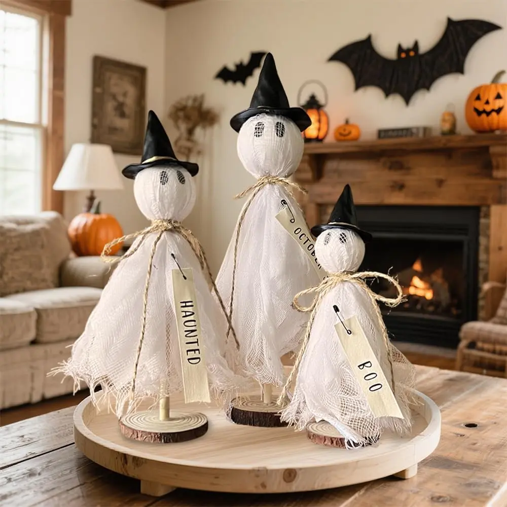 Halloween Decorations Indoor - 3 Set Primitive Halloween Ghosts with Hat, Wooden Stand Ghost Decor for Table Centerpieces, Mantels, Shelves, Vintage Spooky & Festive Party Decor