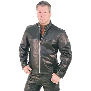 JAMIN LEATHER® Rebel Rider Cafe Racer Leather Motorcycle Jacket #M11025 - Black Buffalo Leather, Zip-Out Lining, Front Chest Pockets, Mandarin Snap Collar, Menswear Tops