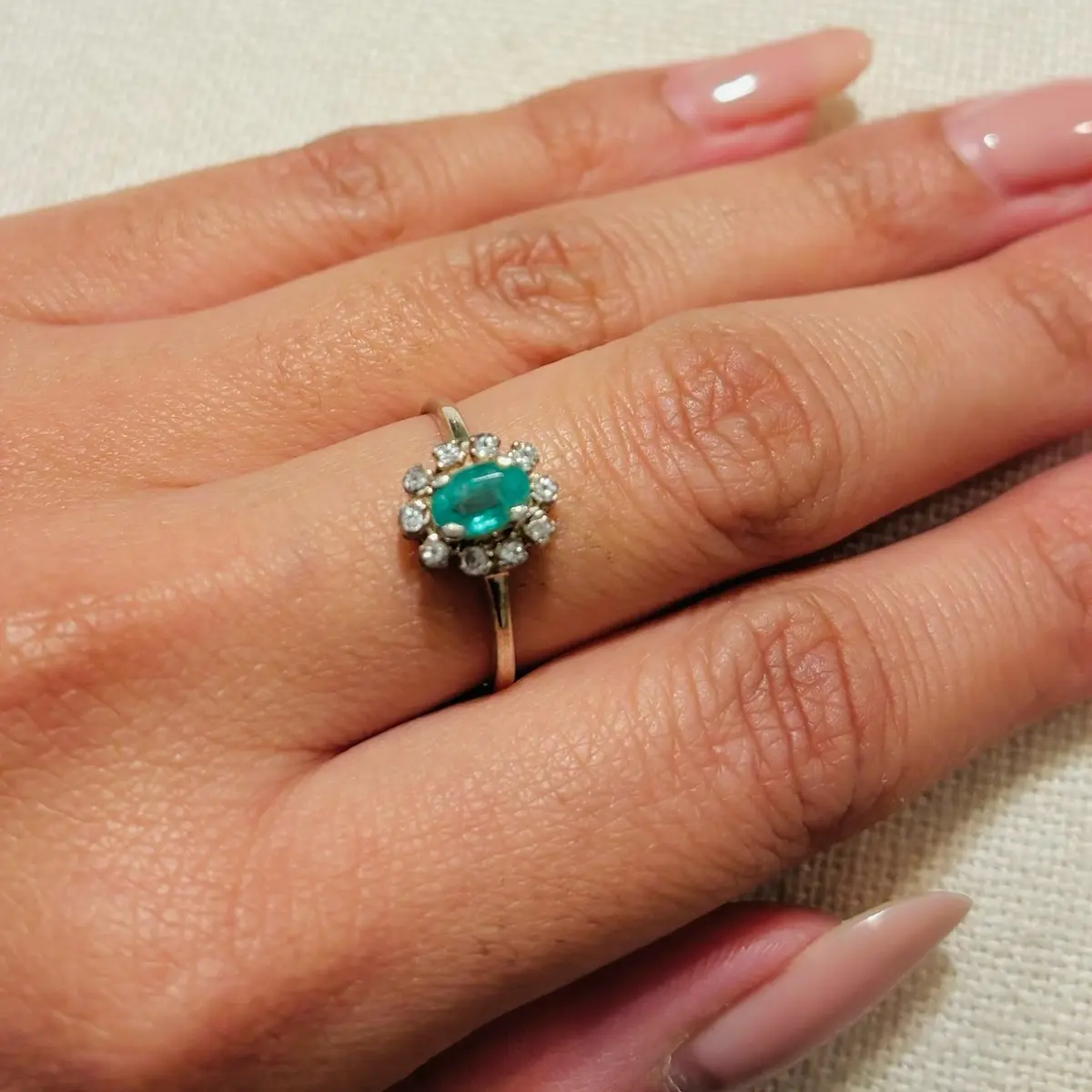 Vintage Emerald Ring with Diamond Halo in Sterling Silver