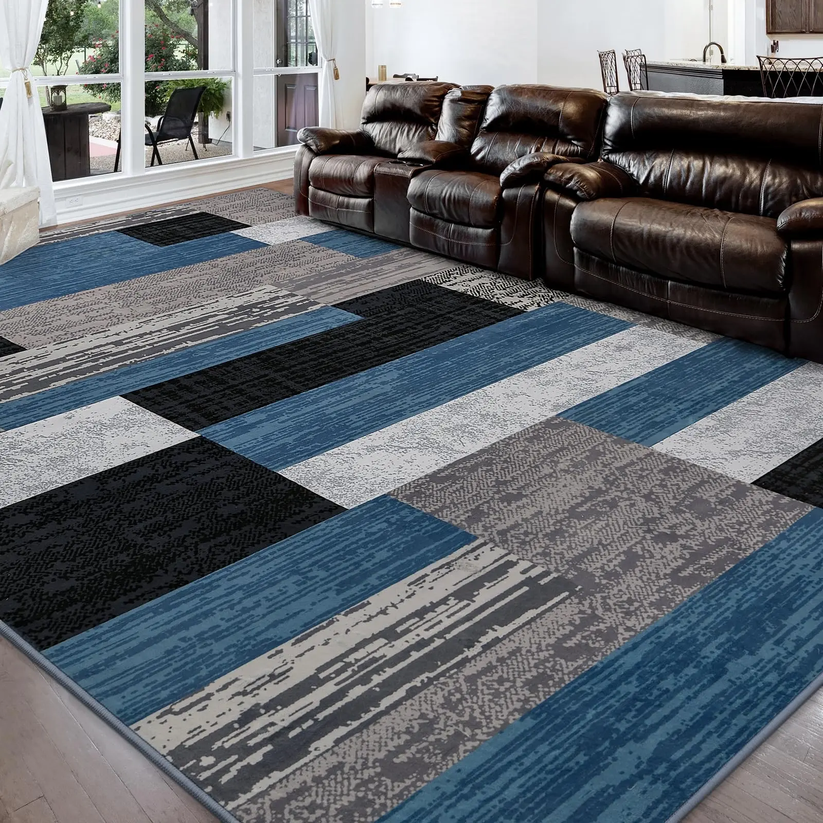 Modern Geometric Patchwork Beige Machine Washable Rug - 5x8ft Rockwood Collection Low-Pile Home Decor Rug, Velvet Low-Pile Fabric Feels Plush, Floor Decor for Living Room, Bedroom