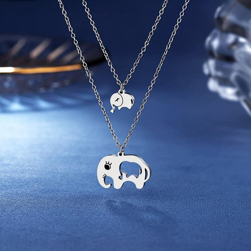 2pcs Elegant Cute Baby Elephant + Female Elephant Pendant Necklace Set, Mother and Daughter Necklace Set, Mother's Day, Birthday Party Gifts