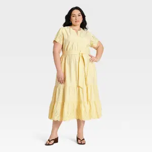 Women's Short Flutter Sleeve V-Neck Front Tiered Eyelet Midi Dress - Ava & Viv Yellow 3X