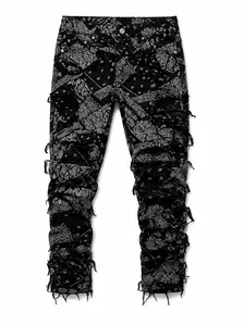 Vesper Denim Bandana Patchwork Stacked Jeans – Distressed Fringed Streetwear Denim Pants