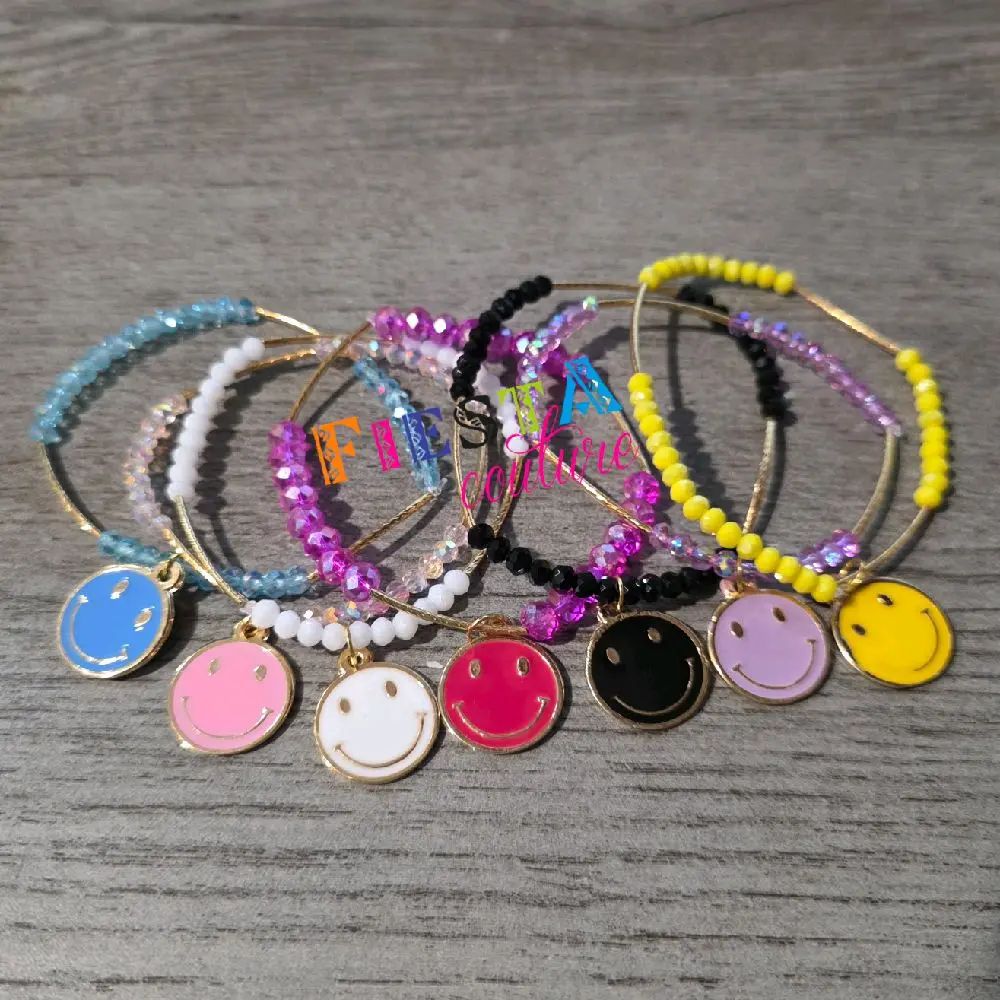 Single Happy Face Semanario Carita Feliz Colorful Beaded Bracelets with Smiley Charms for Teens and Adults Gold-Plated Handmade in Mexico