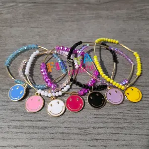 Single Happy Face Semanario Carita Feliz Colorful Beaded Bracelets with Smiley Charms for Teens and Adults Gold-Plated Handmade in Mexico