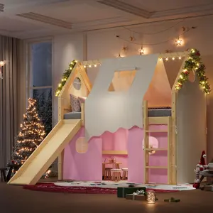 Twin Size House Loft Bed with Slide, Ladder, Tent, and Lights, Solid Wood Kids Bed Frame, Natural+Pink, No Box Spring Needed, Fun Playhouse Design for Children's Bedroom, Space-Saving Loft Bed with Storage and Play Area, Bedroom Furniture for