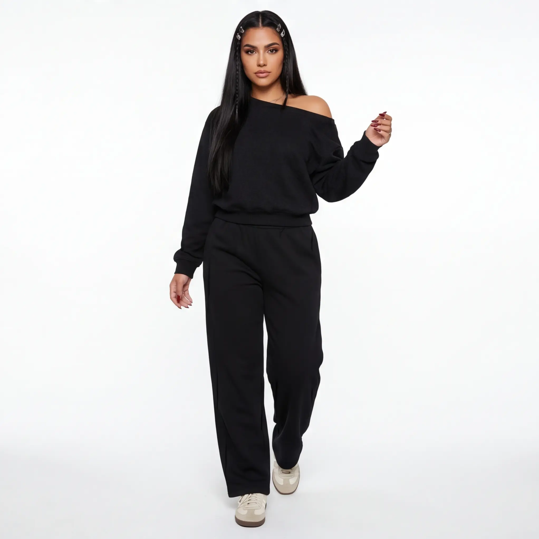 Women's 2-Piece Lounge Set, Slouchy Off-Shoulder Long Sleeve Top and Straight Wide Leg Pants with Pockets, Rayon Tracksuit for Gym, Essential, Ribbed, Oversize