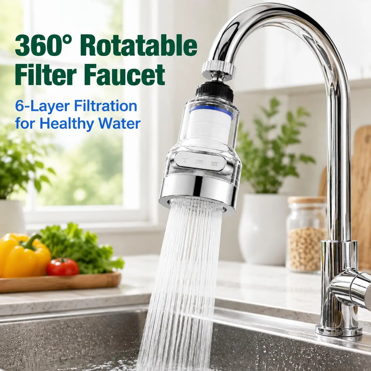 1-Pack 360° Rotating Faucet Aerator Filter, 6-Layer Filtration, 3 Water Modes, Splash-Free Faucet Filter for Kitchen Sink Fruit & Vegetable Cleaning