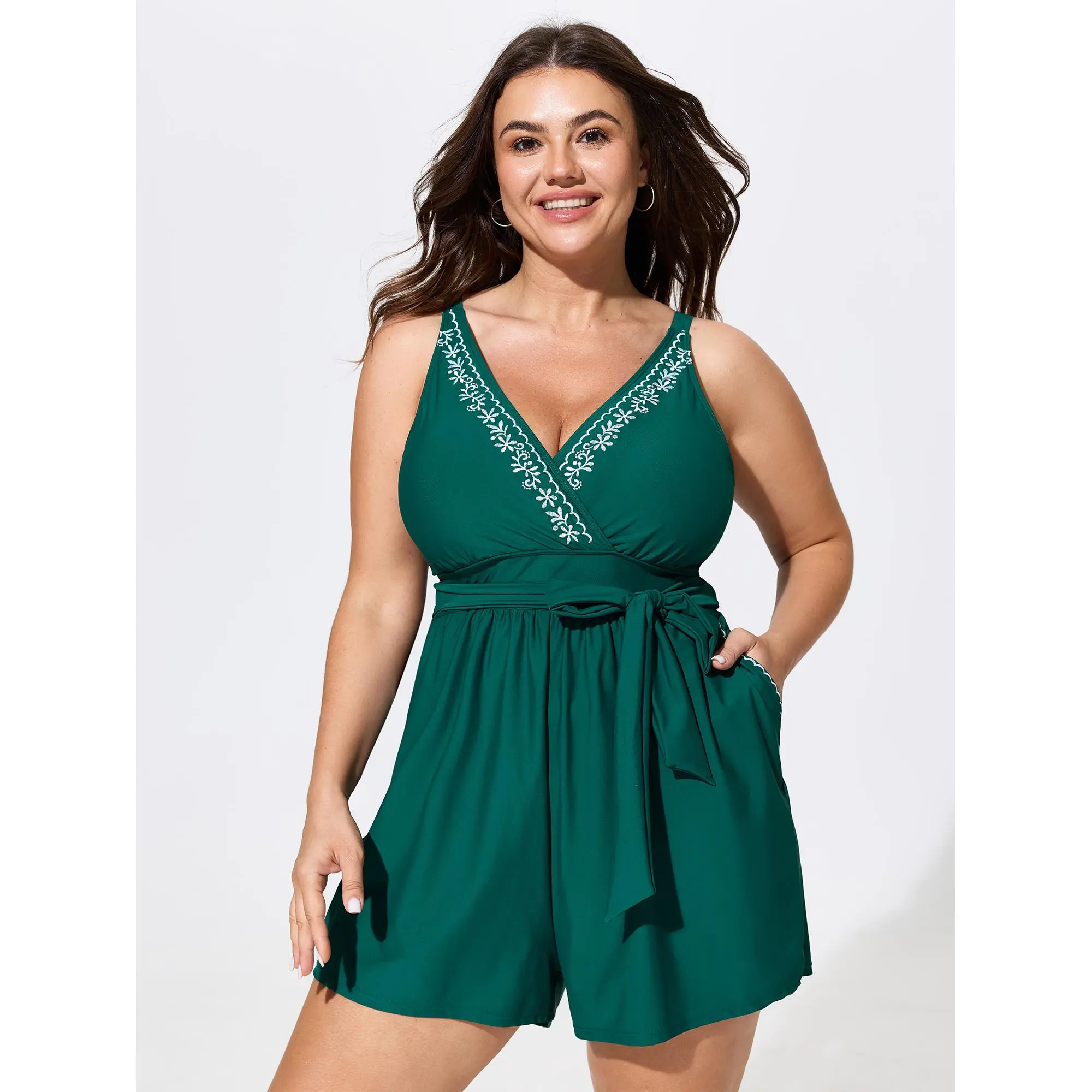 BLOOMCHIC Plus Size Nylon Fabric Female Wear 1-Piece Swim Romper - Embroidered Neckline, Waist-Tie, Adjustable Straps, Tunic Design, Side Pocket, Solid, Elastane, UV-Protective, Cold/Machine Washable, M-6X Summer Swimsuits [14-16/1X, 18-20/2X, 22-24/3X],
