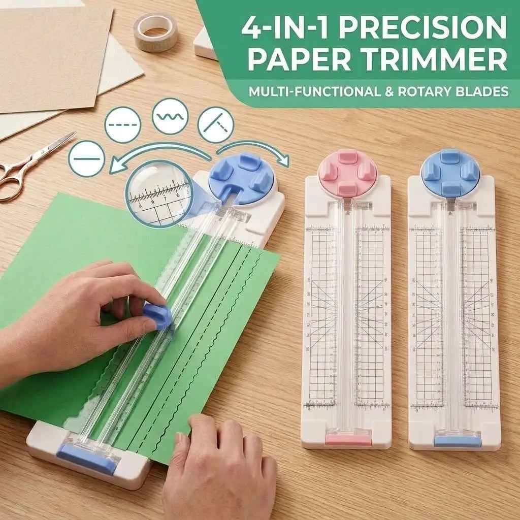 4-in-1 Paper Cutter with Interchangeable Blades, Rotary Trimmer for Straight, Wave, Perforated and Dashed Cuts, Craft Tool for Scrapbooking, Card Making, Bookbinding and DIY Paper Projects