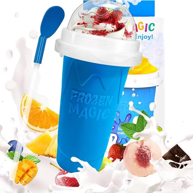 Slushy Maker Cup, DIY Magic Slushy Maker Squeeze Cup, Portable Smoothie Squeeze Cup for Juices, Milk and Ice Cream Make, Double Layers Silica Cup with Lid & Straw (Blue), 7.87*4.33in