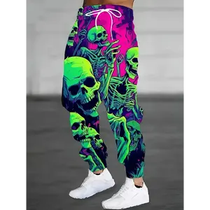 Men's Plus Size Casual Sports Pants, Printed Skulls Design, Regular Fit, Knit With Pockets, Multicolor, Athletic & Relaxed Style Gym Sportswear Bottoms