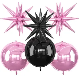 Pink Black Foil Balloons Set 6pcs 22 Inch Round and Star Party Decoration Kit