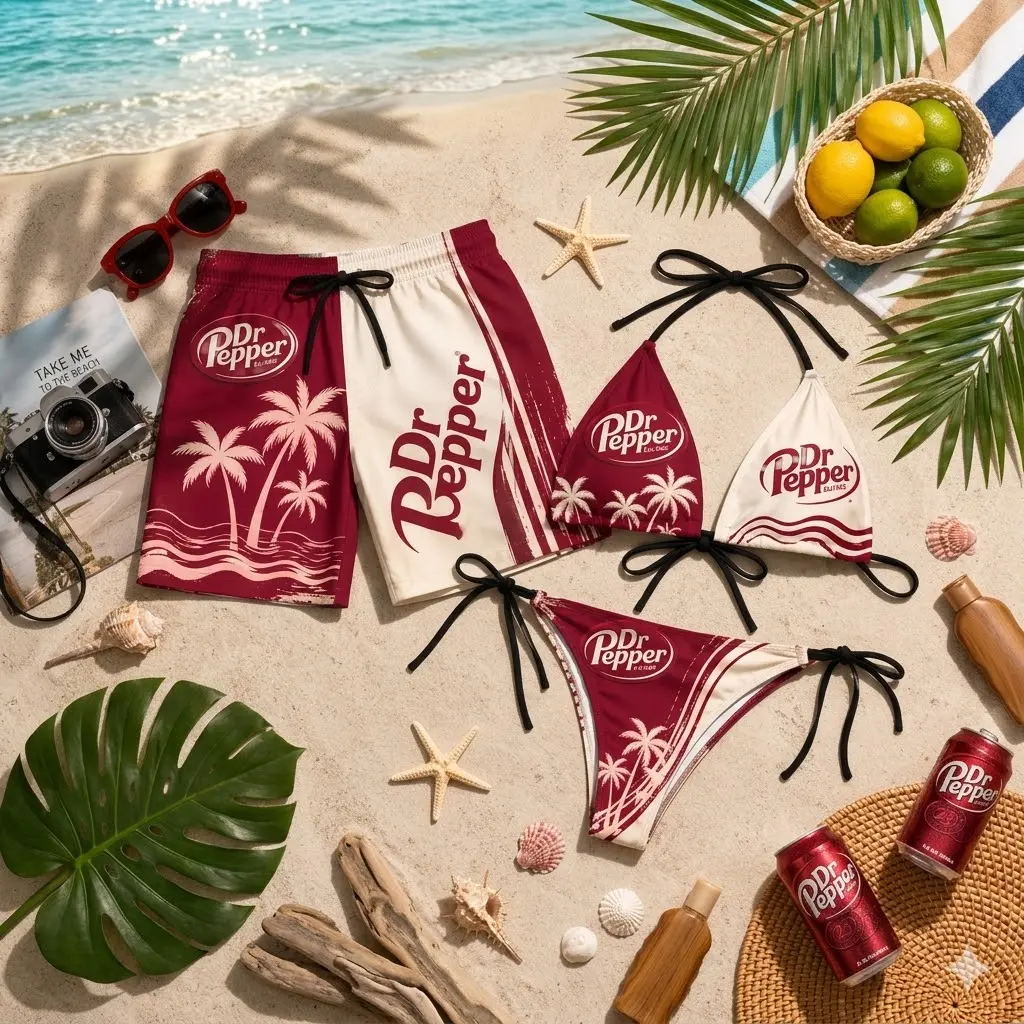 Matching Couple Swimwear, Tropical Palm Tree Bikini and Trunks, Soda Maroon Two Tone Set, Retro Soda String Swimsuit, Retro Soda Maroon Matching Couple Swimwear Set - Tropical Palm Tree String Bikini and Swim Trunks for Men and Women, Two Tone Beachwear