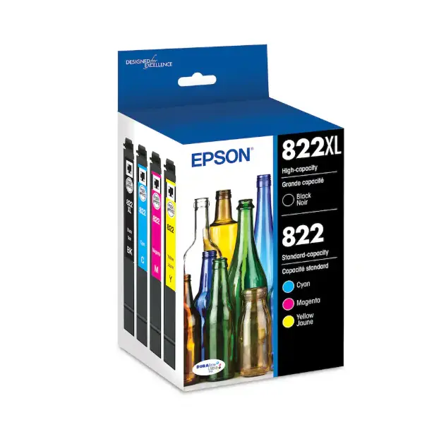 Epson T822XL/T822 4-Pack Ink Cartridges, High-Yield Black & Standard Capacity Color, Black Cyan Magenta Yellow, Genuine Epson Printer Ink, Replacement Cartridges for Compatible Epson Printers
