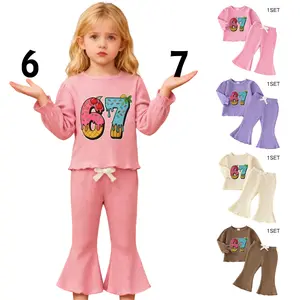 67 Kid Meme Funny Six Seven Gen Alpha Slang Crew Neck 6-7 Waffle Long-sleeved Trousers Set Toddler Girls Pajamas